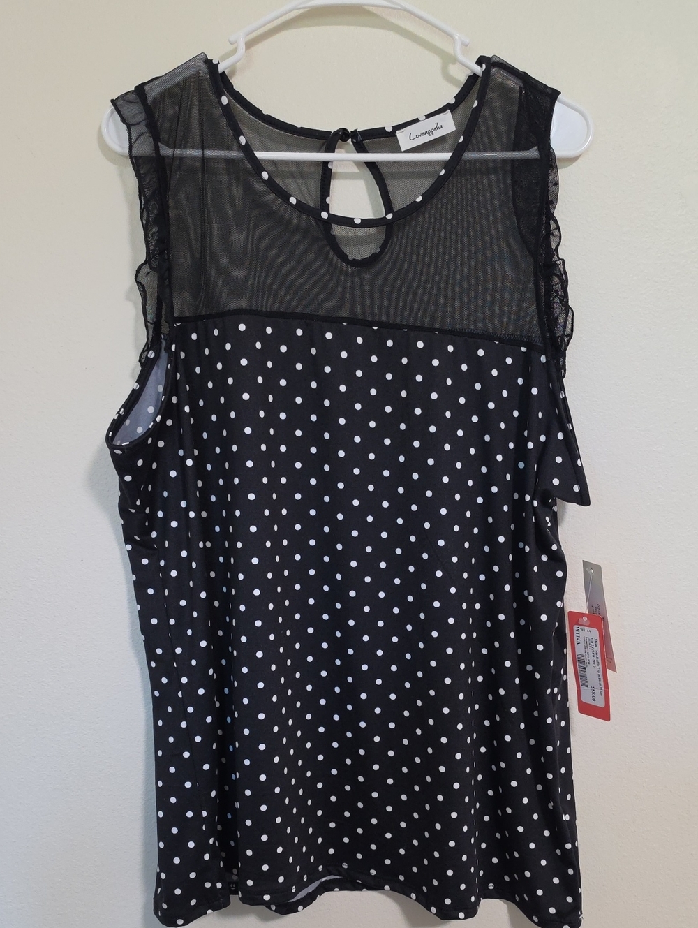 Loveappella Black & White Polka Dot Mesh Yoke Chemise Top